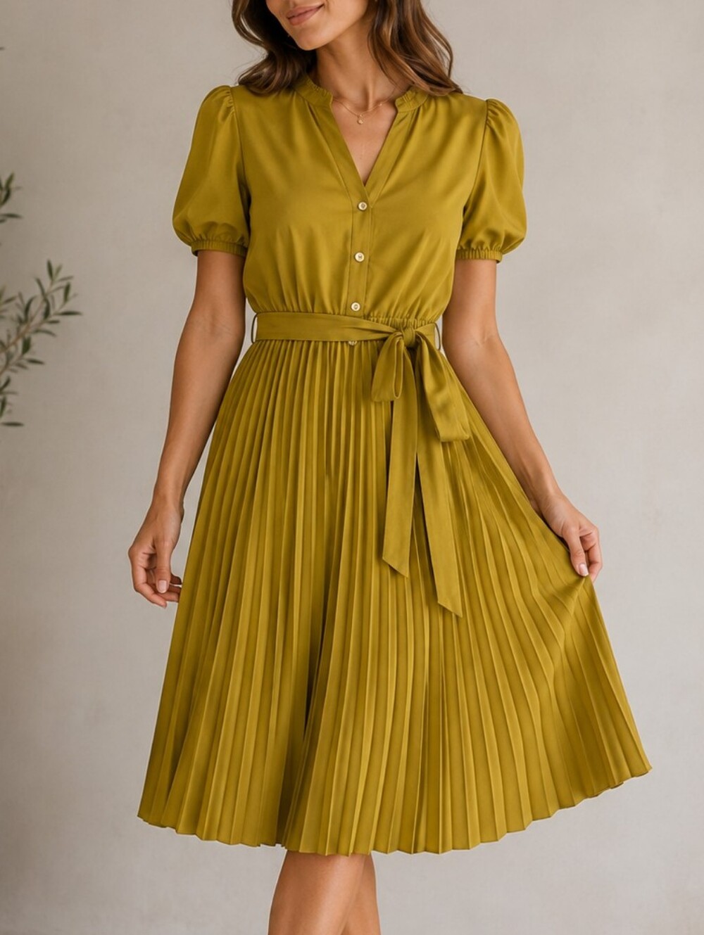 Sharagano NWT Olive Pleated Midi Dress Size 12 Puff Sleeve Belted Button Front